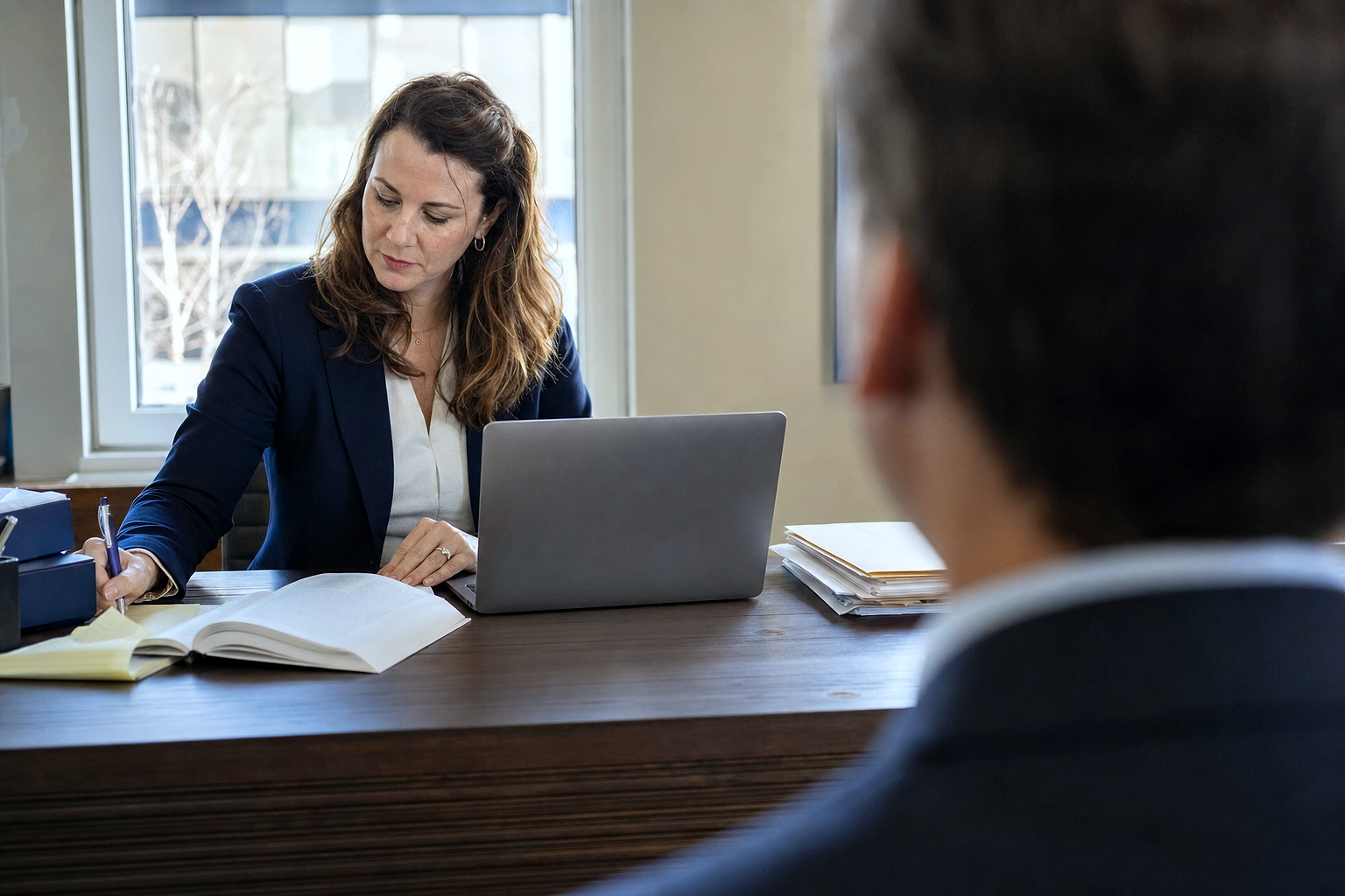 Workplace Discrimination Claims — OVER-THE-SHOULDER perspective watching the practitioner work, soft natural light