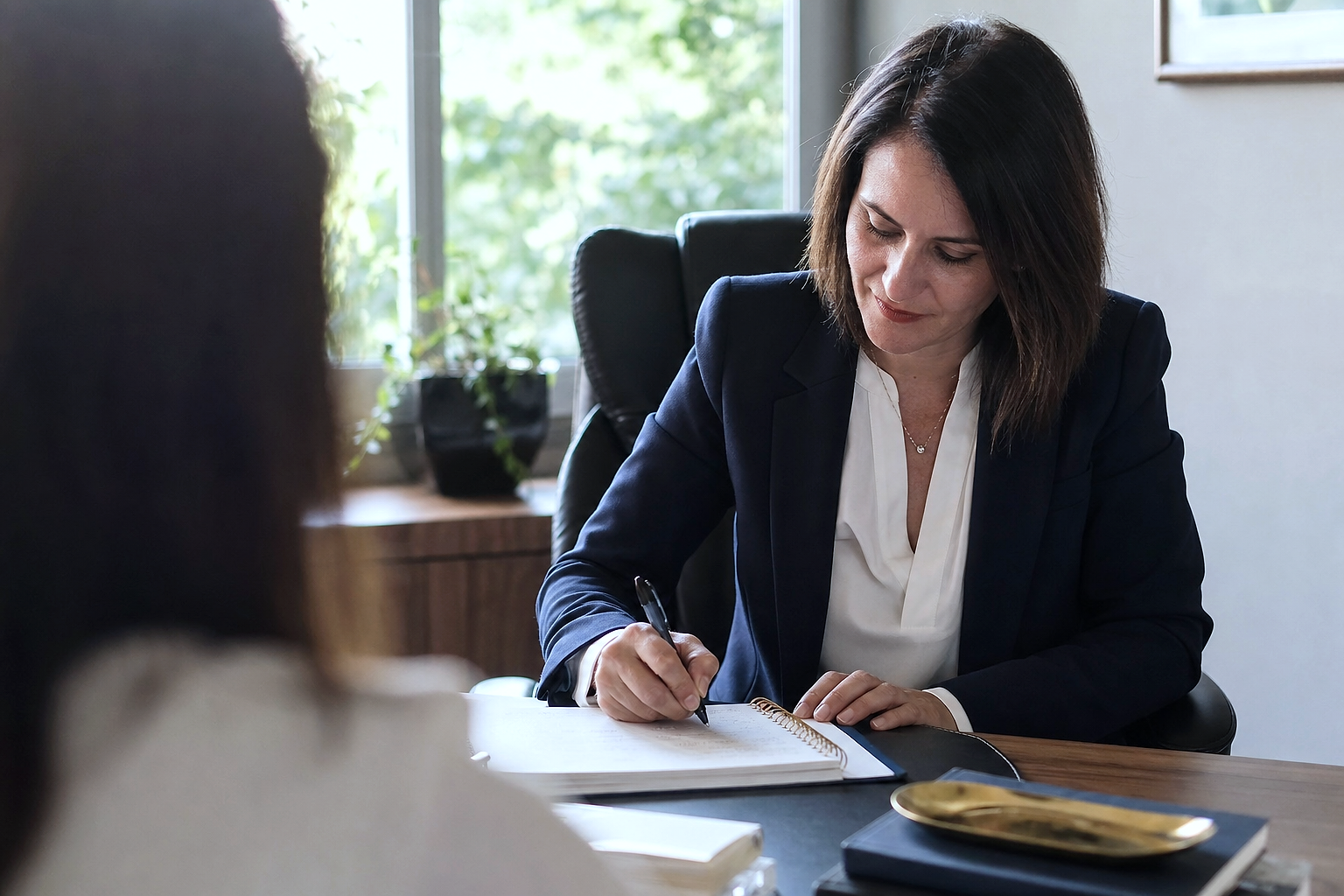 Employment Contract Advice — OVER-THE-SHOULDER perspective watching the practitioner work, soft natural light