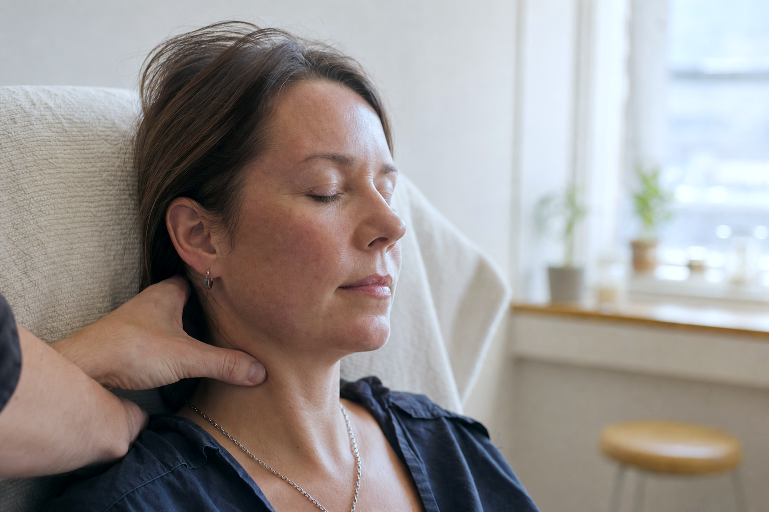 Settlement Agreement Advice — PROFILE PORTRAIT of a person mid-treatment, eyes closed, soft side light