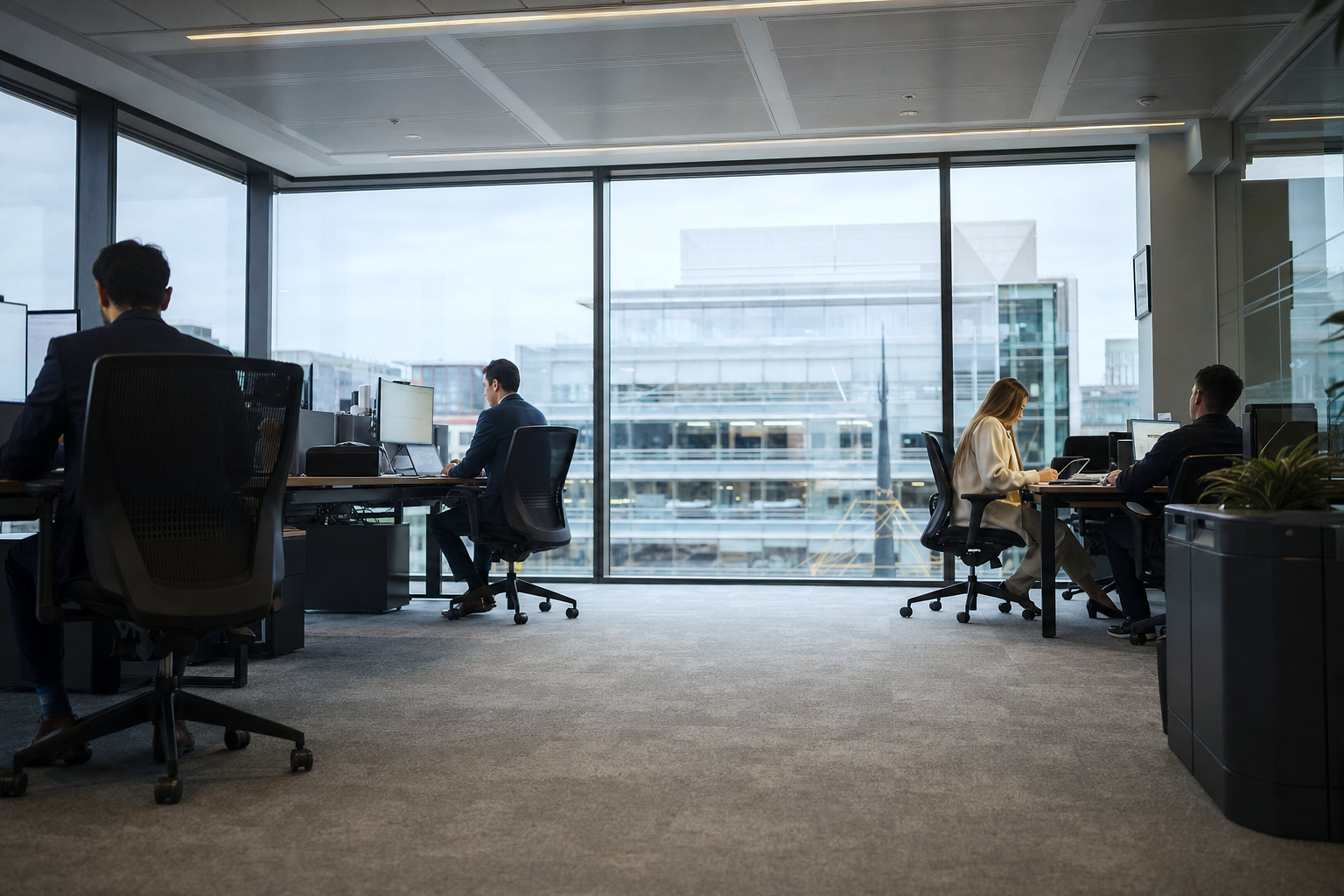 Blackstone Employment Law, Unfair Dismissal Claims — WIDE ESTABLISHING SHOT of the full environment, low camera angle, eye-level horizon, daylight