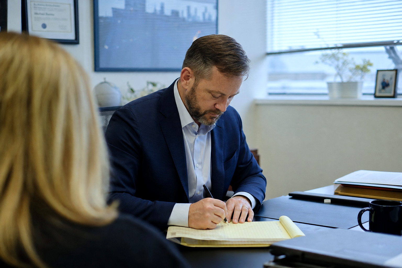 Employment Tribunal Representation — OVER-THE-SHOULDER perspective watching the practitioner work, soft natural light